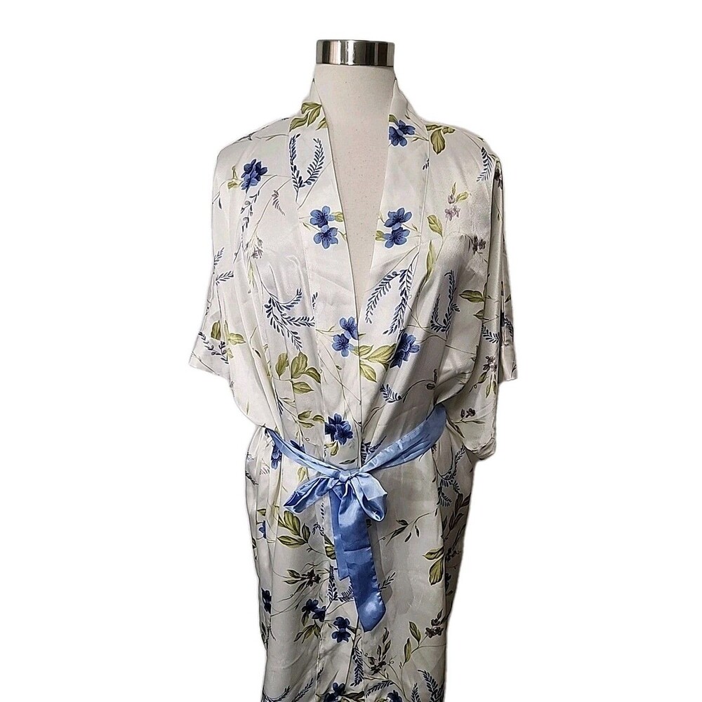 Morgan Taylor Intimates Women M/L Floral White Blue Satin Robe Kimomo Tie Belt
